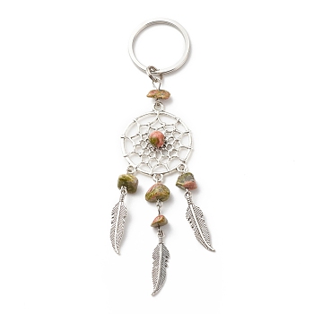 Natural Unakite Keychain, with Iron, 304 Stainless Steel & Alloy Findings, Woven Net/Web with Feather, 11.4~11.8cm