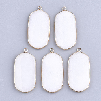 Natural White Jade Pendants, with Brass Findings, Oval, Golden, 47x23x4mm, Hole: 2mm