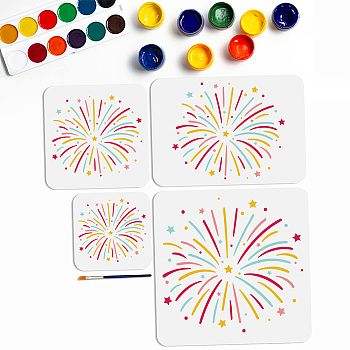 MAYJOYDIY US 1 Set Fireworks PET Hollow Out Drawing Painting Stencils, with 1Pc Art Paint Brushes, for DIY Scrapbook, Photo Album, 150~300x150~300mm, 4pcs/set