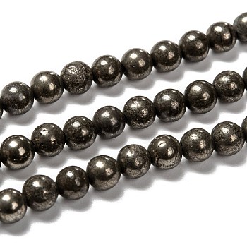 Natural Pyrite Beads Strands, Round, 6mm, Hole: 1mm, about 67pcs/strand, 15.74 inch