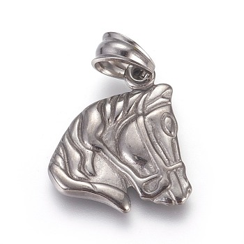 304 Stainless Steel Pendants, Horse, Stainless Steel Color, 21.5x19x2mm, Hole: 5x6mm