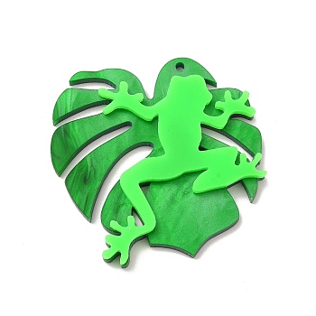 Opaque Acrylic Pendants, Leaf with Frog, Green, 43x45x4.5mm, Hole: 1.6mm