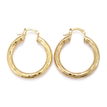 Brass Hoop Earring, Long-Lasting Plated, Textured Ring Shape, Real 18K Gold Plated, 33.5x29x4mm, Pin: 1mm