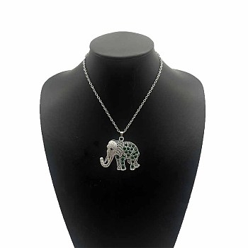 Fashionable Alloy Rhinestone Elephant Pendant Necklaces, Platinum, Green