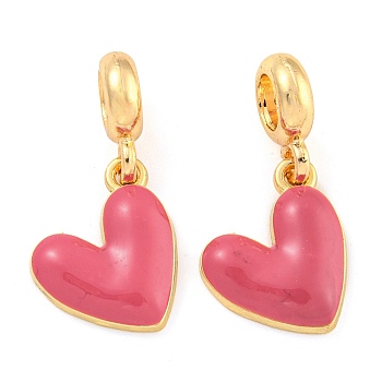 Rack Plating Alloy Enamel Heart European Dangle Charms, Large Hole Pendants, Golden, Cadmium Free & Nickel Free & Lead Free, Deep Pink, 26mm, Hole: 4.8mm, Heart: 17x13.5x3mm