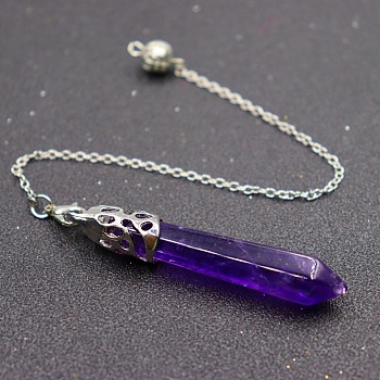 Natural Amethyst Dowsing Pendulums, with Alloy Findings, Cone, 510~800mm