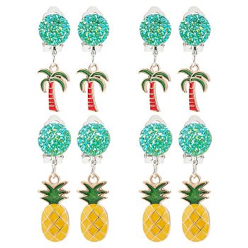 4 Pairs 2 Style Coconut Tree & Pineapple Enamel Dangle Clip-on Earring, Platinum Alloy Non-piercing Jewelry for Women, Mixed Color, 38~45mm, 2 Pair/style