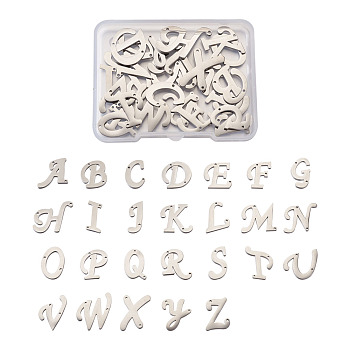 304 Stainless Steel Links, Initial Letter, Letter A~Z, Stainless Steel Color, 15~20x7~19x1.5mm, Hole: 0.9mm, 26 letters/set, 1set/box
