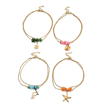 Dyed Natural Shell Chips Charms Anklet, Golden 304 Stainless Steel Chains Double Layer Anklet, Mixed Shapes, 8-7/8 inch(22.5cm)