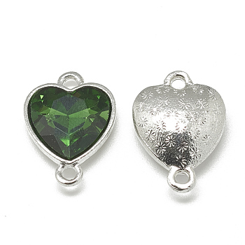 Alloy Glass Links connectors, Faceted, Heart, Platinum, Green, 19.5x14x6.5mm, Hole: 1.5mm