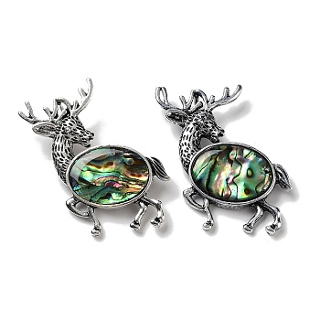 Tibetan Style Alloy Elk Brooches, with Natural Paua Shell, Antique Silver, 49.5x49x11mm