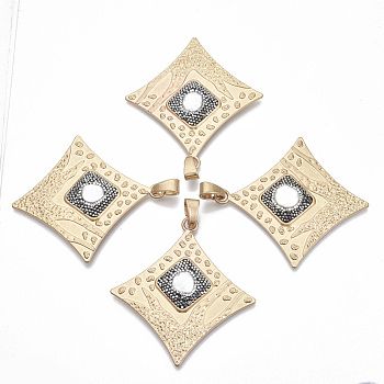 Alloy Rhinestone Big Pendants, with Shell Pearl Beads, Rhombus, Jet Hematite, Golden, 81~82x75x6~7mm, Hole: 12x5.5mm