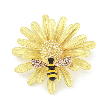 Alloy Crystal Rhinestone Flower with Bees Brooch, Insect Enamel Pins, Light Gold, 37.2x38mm