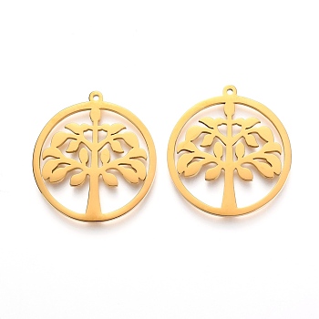 Ion Plating(IP) 304 Stainless Steel Pendants, Manual Polishing, Ring with Tree of Life, Golden, 27x25x1mm, Hole: 1.4mm