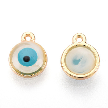 Epoxy Resin Enamel Evil Eye Charms, with Rack Plating Light Gold Tone Alloy Open Back Bezel, Cadmium Free & Nickel Free & Lead Free, White, 10x8x1.5~2.5mm, Hole: 1mm