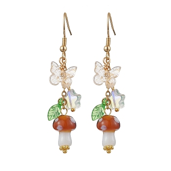 304 Stainless Steel Butterfly & Mushroom Dangle Earrings for Women, with Glass Beads and Transparent Acrylic Charms, Real 18K Gold Plated, Brown, 52mm