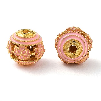 Alloy Enamel Beads, Round with Flower, Golden, Pink, 12x11mm, Hole: 2mm