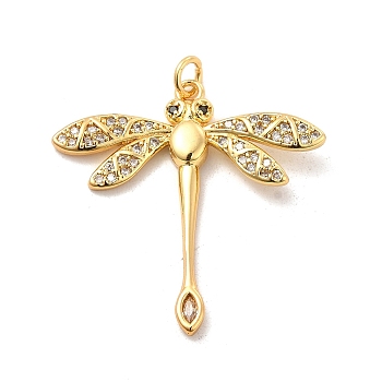 Brass Micro Pave Cubic Zirconia Pendants, with Jump Ring, Dragonfly Charm, Golden, Clear, 32x31x3mm, Hole: 3mm