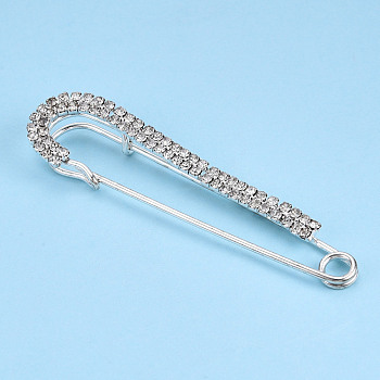 Crystal Rhinestone Safety PIn Brooch, Creative Brass Badge for Backpack Clothes, Silver, 79.5x20x10mm, Pin: 1.5mm