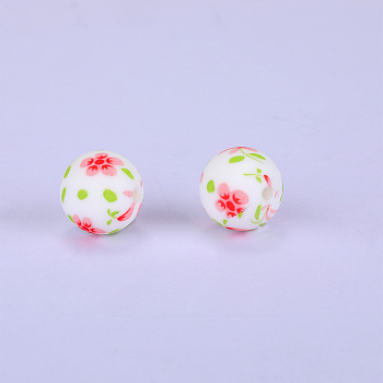 Printed Round with Flower Pattern Silicone Focal Beads, White, 15x15mm, Hole: 2mm