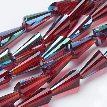 Electorplated Glass Beads, Rainbow Plated, Faceted, Cone, Dark Red, 16x8mm, Hole: 1mm