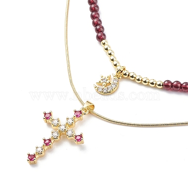 2Pcs 2 Style Cubic Zirconia Cross & Moon Pendant Necklaces Set with Natural Garnet Beaded(NJEW-JN04029)-3