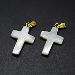 Shell Pendants, with Brass Findings, Cross, Golden, 19~23x11~13x3~5mm, Hole: 2x5mm(SSHEL-E565-B-01G)
