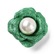 Flower Glitter Imitation Leather with Plastic Pearl Brooch Pin, Platinum Tone Iron Pin for Clothes Bags, Green, 43~46x43~44x29mm(JEWB-K013-02P-02)