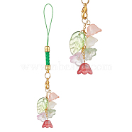 Flower/Leaf Glass Beads Mobile Straps, with Golden Iron Findings and Polyester Cord Mobile Accessories Decoration, Colorful, 12.4cm(HJEW-JM01016)