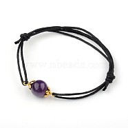 Gemstone Adjustable Link Bracelets, with Alloy Bead Caps and Waxed Cotton Cord, Antique Golden, Amethyst, 43~75mm(BJEW-JB01554-05)