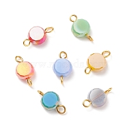 Electroplate Opaque Glass Connector Charms, with Golden Tone Brass Double Loops, Faceted, Flat Round, Mixed Color, 13.5~14.5x7.5~8x3.5~4mm, Hole: 1.8~2.5mm(PALLOY-JF01537)