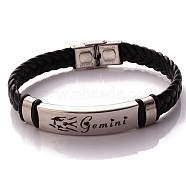 Braided Leather Cord Bracelets, Constellation Bracelet for Men, Gemini, 8-1/4 inch(21cm)(PW-WG99416-03)