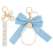 2Pcs 2 Styles Cotton & Iron & Alloy Keychain, with Imitation Pearl, Light Sky Blue, 16~17cm, 1pc/style(KEYC-CP0001-24D)