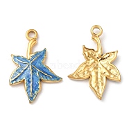304 Stainless Steel Enamel Pendants, Real 18K Gold Plated, Maple Leaf Charm, Steel Blue, 22x15x2mm, Hole: 1.6mm(STAS-K256-08G-01)