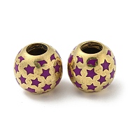 Brass Enamel European Beads, Large Hole Beads, Golden, Round with Star, Purple, 13x12mm, Hole: 5mm(FIND-E044-15G-01)