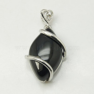 Natural Black Agate Pendants, with Brass Rhinestone Findings,  Horse Eye, 36x17.5x7~9mm, Hole: 2.5x4mm(G-G073-3)