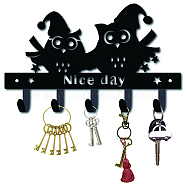 Iron Wall Mounted Hook Hangers, Decorative Organizer Rack with 5 Hooks, for Bag Clothes Key Scarf Hanging Holder, Owl with Word Nice Day, Gunmetal, 16.5x27cm(AJEW-WH0156-021)