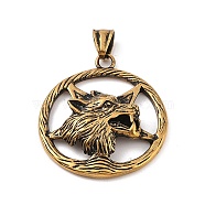 Viking 304 Stainless Steel Pendants, Star with Wolf Head Charm, Antique Golden, 42x37.5x8mm, Hole: 4x7mm(STAS-S122-02AG)