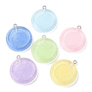 Translucent Resin Pendants, Glitter Flat Round Charms with Platinum Plated Iron Loops, Mixed Color, 29x25x5mm, Hole: 2mm(RESI-A025-09)