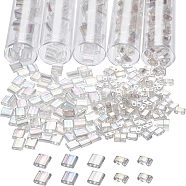 528Pcs 2 Style 2-Hole Transparent Glass Seed Beads, AB Color Plated, Rectangle, Clear AB, 4.5~5.5x2~5.5x2~2.5mm, Hole: 0.5~0.8mm(SEED-NB0001-52)