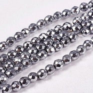 Electroplate Non-magnetic Synthetic Hematite Beads Strands, Faceted, Round, Grade AAAA, Platinum Plated, 4mm, Hole: 1mm, about 100pcs/strand, 16 inch(X-G-J169B-4mm-02)