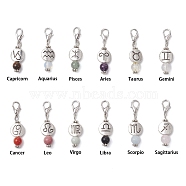 12 Constellation/Zodiac Sign Alloy Pendant Decoraton, with Natural & Synthetic Gemstone Round Beaded Ornaments, 35mm, 12pcs/set(HJEW-JM02155)