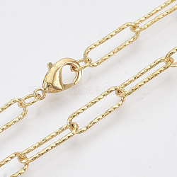 Brass Textured Paperclip Chain Necklace Making, with Lobster Claw Clasps, Real 18K Gold Plated, 24.01 inch(61cm)), Link: 14.5x4.5x1mm(MAK-S072-02B-G)