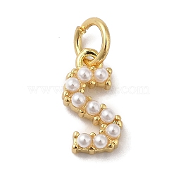 Rack Plating Brass with ABS Plastic Imitation Pearl Charms, Long-Lasting Plated, Lead Free & Cadmium Free, Real 18K Gold Plated, Letter S, 10.5x5.5x3mm, Hole: 3mm(KK-B092-30S-G)