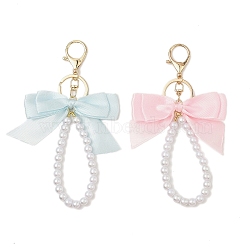 Imitated Pearl Acrylic Keychain, with Alloy Key Rings, Bowknot, Mixed Color, 15.4cm, 2pcs/set(KEYC-JKC01006)