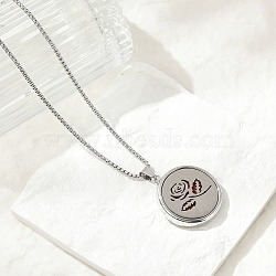 316 Surgical Stainless Steel Aromatherapy Diffuser Perfume Hollow Flat Round Pendant Box Chain Necklaces, Stainless Steel Color, Flower, 27.95 inch(71cm)(NJEW-R016-01P-02)