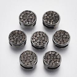 Alloy Slide Charms, with Polymer Clay Rhinestone, Flat Round, Gunmetal, PP13(1.9~2mm), 11x6.5mm, Hole: 7x2.5mm and 1.6mm(ALRI-T007-05B)