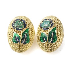 Rack Plating Brass Enamel Beads, Cadmium Free & Lead Free, Oval with Flower, Real 18K Gold Plated, Long-Lasting Plated, Green, 19.5~20x14~14.5x10.5m~11.5m, Hole: 1.6mm(KK-P276-26C-03G)