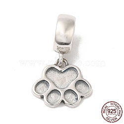 Rhodium Plated 925 Sterling Silver European Dangle Charms, Paw Print Large Hole Pendant, Platinum, 19mm, Paw Print: 9.5x11x1.5mm, Hole: 5mm(STER-NH0001-15P)