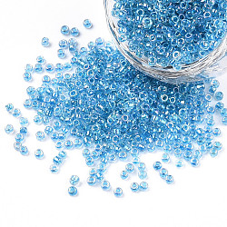 12/0 Glass Seed Beads, Inside Colours, Round Hole, Round, Transparent Colours Rainbow, Dodger Blue, 12/0, 2~2.5x1.5~2mm, Hole: 0.8mm, about 30000pcs/bag(SEED-A016-2mm-211)